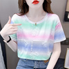 重工彩虹条纹扎染T恤女短袖2024夏季韩版宽松印花圆领上衣