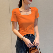 橙色短袖t恤女方领夏季修身法式紧身低领上衣高腰低胸复古大领口