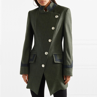 欧美冬季毛呢大衣墨绿色立领军装风侧边单排扣修身中长款外套