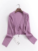 b023纯色镂空钩花系带显瘦短款开衫秋季长袖，罩衫女针织衫