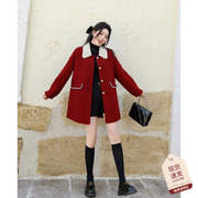 红色双面羊毛短款外套女冬装小个子赫本风新年气质羊绒呢子大衣