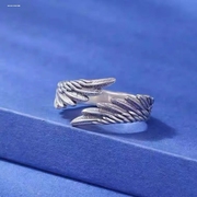 s925银天使之翼的翅膀戒指，男女开口对戒时尚复古潮羽毛戒指