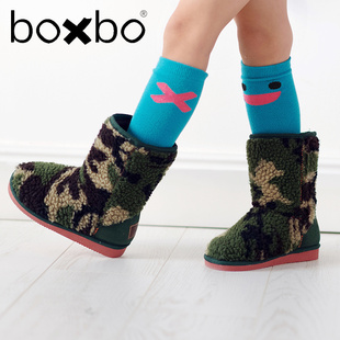 法国 boxbo 男童儿童豹纹迷彩防滑雪地靴中筒棉靴保暖加绒羊毛