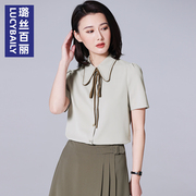 浅绿色短袖系带雪纺衬衫女2024夏法式高级设计感职业温柔上衣