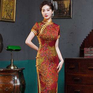 老上海旗袍长款2022女夏日常中国风妈妈装优雅修身走秀演出服