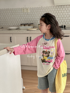 24春款韩版女童可爱卡通中长款拼色t恤长袖，上衣+儿童洋气牛仔中裤