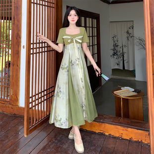 新中式国风汉服水墨印花绿色方领连衣裙，女夏季大码胖mm禅意长裙子