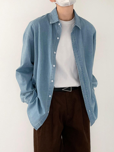 SF/春秋季新韩风复古水洗做浅蓝色牛仔长袖衬衫男士宽松时髦外套