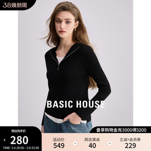 Basic House/百家好假两件连帽针织衫女2024春季半拉链毛衣