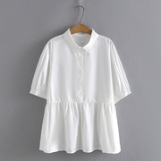 春夏季韩版大码女士休闲上衣小清新POLO领纽扣短袖白色娃娃衫