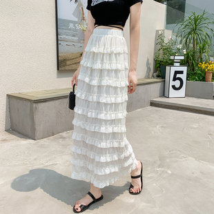 白色半身裙女蛋糕裙子夏季显廋半裙拼接小a字包臀直筒雪纺裙