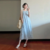 法式蓝色吊带连衣裙女夏季高级感宽松显瘦系带气质百搭长裙子