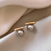 极简珍珠耳钉s925银针法式灰色，珍珠一字金属，复古气质耳环冷淡耳饰
