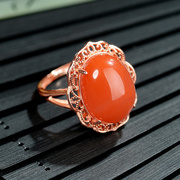南红玛瑙戒指开口女可调节s925银，樱桃红宫廷风复古指环中国风首饰