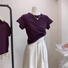 超好看的紫色小飞袖，t恤女夏季设计感基础款，纯棉短袖修身短款上衣