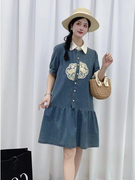 国风短袖牛仔连衣裙夏季韩版宽松显瘦新中式时尚娃娃领拼接裙