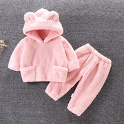 宝宝秋冬季法兰绒套装宝宝睡衣家居服女童连帽外穿两件套儿童男童