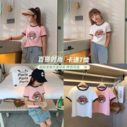 女童小短款卡通T恤2023夏装中大童时髦薄棉T上衣儿童韩版短袖