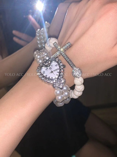 yoloacc涉谷辣妹y2k珍珠爱心手表，手链镶钻十字架弹性陶瓷手链