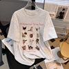 夏季潮流甜美风韩版中长款短袖，纯棉t恤女ins宽松设计猫咪涂鸦上衣