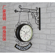 双面挂钟客厅钟表欧式铁艺，静音吊钟美式时钟，现代简约创意两面钟
