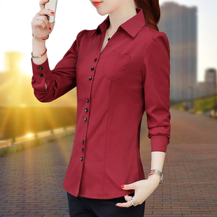 酒红色衬衫女长袖2024春季百搭修身工作服职业装气质加绒衬衣