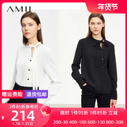 Amii中式雪纺衫女长袖气质上衣设计感立领绑带斜门襟宽松遮肚衬衫