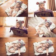 影楼儿童摄影服装手工编织毛线帽子婴儿百天拍照道具小老鼠耳朵帽