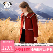 女童夹棉毛呢大衣2023冬季红色加厚单面，呢上衣中大童外套洋气