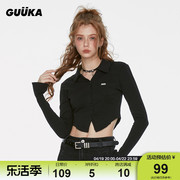 GUUKA黑色针织长袖衬衫女设计感小众 短款露腰显瘦衬衣女弹力修身