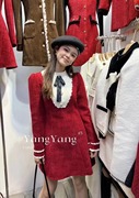 HQY+ 秋冬韩版小香风新年红高级感收腰复古小众连衣裙女