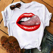 redlipsprintt-shirt时尚欧美钻石，嘴唇卡通印花t恤圆领女短袖