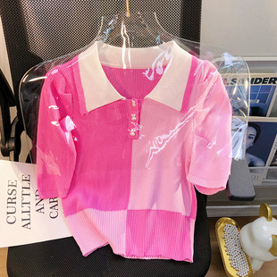 粉红色甜美风短袖T恤女夏季2023撞色泡泡袖短款polo领针织衫