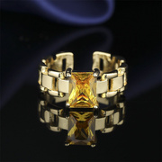 欧美手表带链条戒指，女式复古宫廷风镀金色，四爪镶嵌黄水晶开口指环