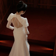 长袖轻婚纱旗袍裙复古蕾丝中式婚服泡泡袖2024夏季新娘出门纱