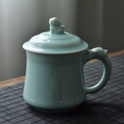 龙泉青瓷带盖办公杯中式龙把貔貅泡茶杯马克杯成人客厅会议室茶杯