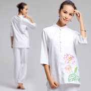  KSUA/康愫雅刺绣荷花中袖运动健身白色瑜伽服棉麻瑜伽套装