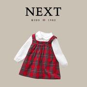 英国next女宝宝长袖衬衫红色，英伦风格子背带，裙套装儿童洋气两件套