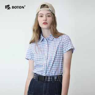 波顿2024夏季短袖红蓝白色格子，衬衫女士美式休闲纯棉高端大码衬衣