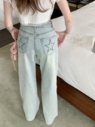 浅蓝色牛仔裤女夏季2024高级感薄款韩版星星印花阔腿显瘦高腰长裤