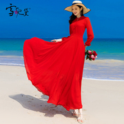 夏季红色雪纺长袖，连衣裙女长款到脚踝，2024年气质显瘦超长裙子