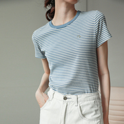 黑白条纹t恤女短袖2021年夏天修身韩国版，刺绣蓝白海军风上衣
