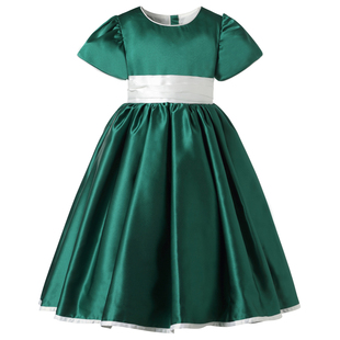 hanakimi英国复古宫廷轻奢缎面，公主裙绿色，礼服女童钢琴演出服