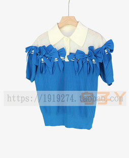 139乌系列宝蓝色，拼色蝴蝶结弹力针织衫短袖，套头polo衫