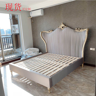 美式现代实木双人床欧式轻奢雕刻布艺高背，1.8米储物箱体大床婚床