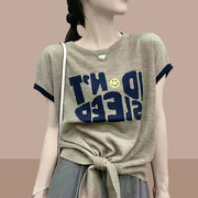 韩国短袖t恤女士上衣2024夏女装下摆打结设计感小众体恤