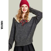 HAVVA2023冬季毛衣女宽松慵懒设计感甜美娃娃领针织衫M85960