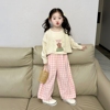 韩国童装女童套装2024春季洋气女宝宝甜美针织开衫背心粉格裤
