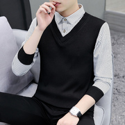 假两件长袖衬衫领毛衣男春秋冬季韩版潮流，加绒加厚保暖针织打底衫