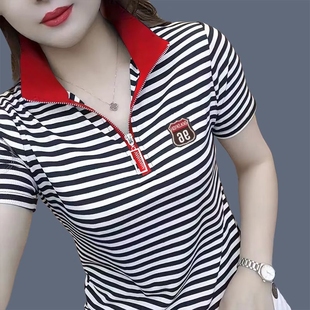 2024夏女士(夏女士)t恤短袖，网红休闲百搭上衣高档衬衫拉链衫条纹